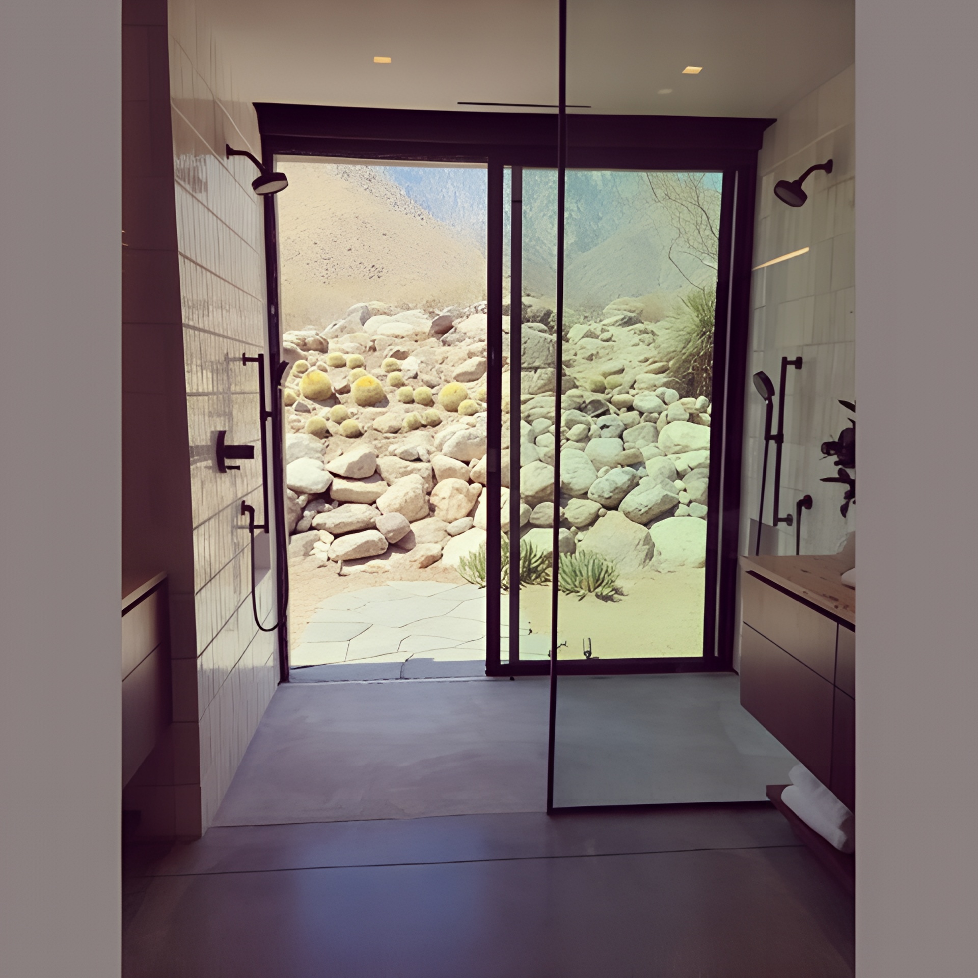 Frameless shower with desert view door